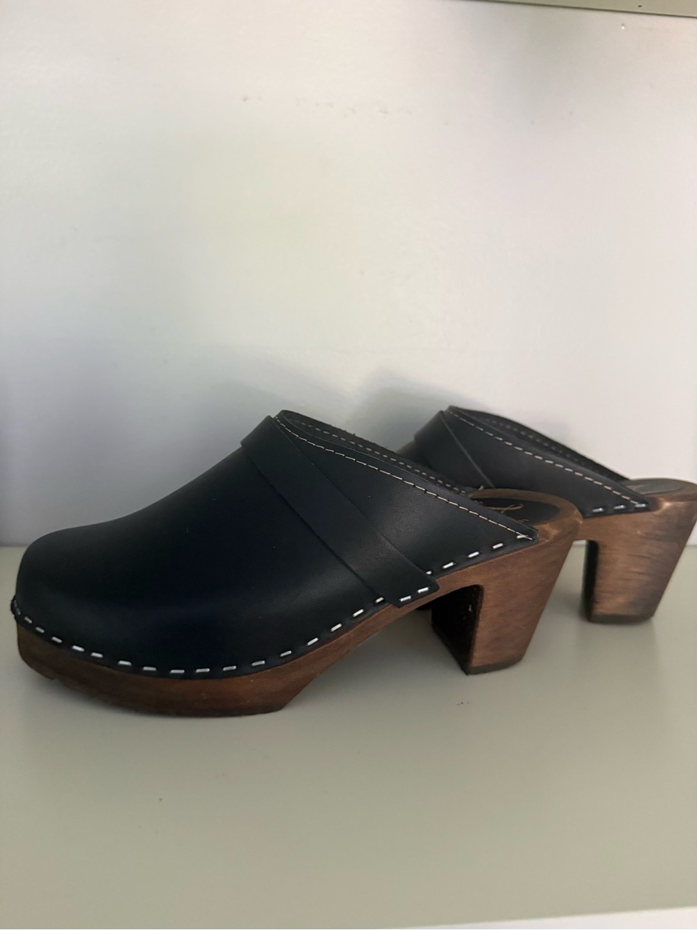 Lotta From Stockholm Black Leather Clog Mules with Wood Heel - 37 (6.5)